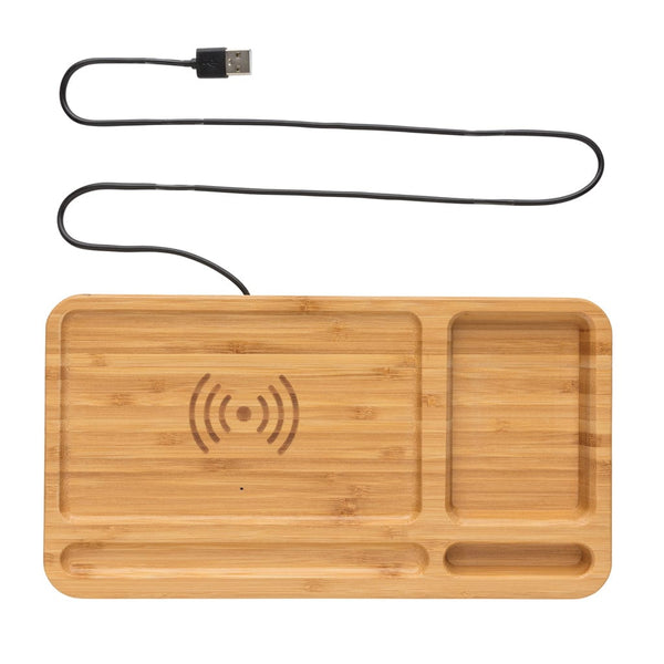 Organizer da scrivania in bambù con caricatore wireless 5W marrone - personalizzabile con logo
