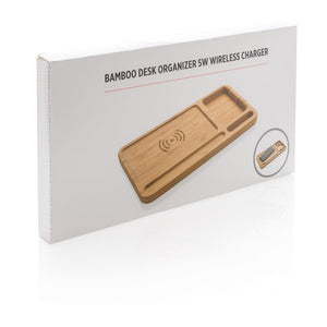 Organizer da scrivania in bambù con caricatore wireless 5W marrone - personalizzabile con logo