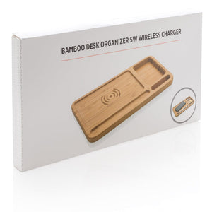 Organizer da scrivania in bambù con caricatore wireless 5W marrone - personalizzabile con logo