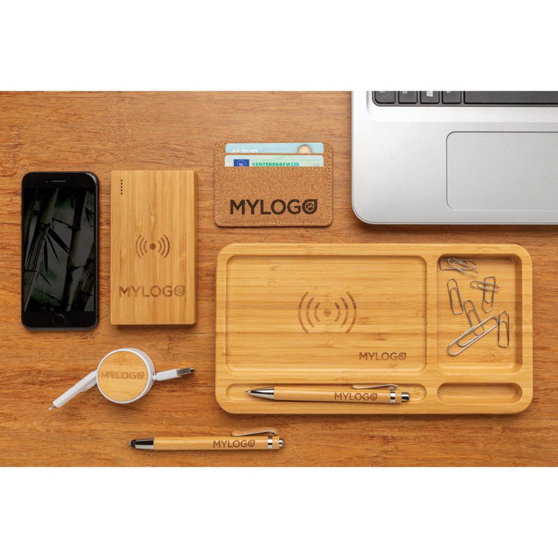 Organizer da scrivania in bambù con caricatore wireless 5W marrone - personalizzabile con logo
