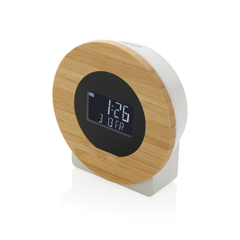 Orologio da scrivania Utah in plastica RCS e bambù marrone - personalizzabile con logo