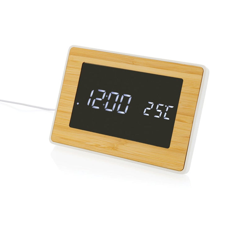 Orologio LED Utah in plastica RCS e bambù marrone - personalizzabile con logo