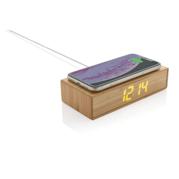 Orologio sveglia in bambù con caricatore wireless 5W marrone - personalizzabile con logo