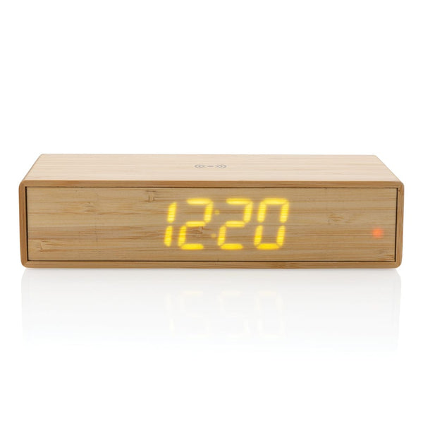 Orologio sveglia in bambù con caricatore wireless 5W marrone - personalizzabile con logo
