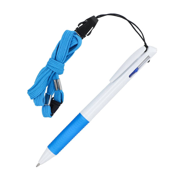 Penna a 3 colori con impugnatura e cordino Bianco / Blu - personalizzabile con logo