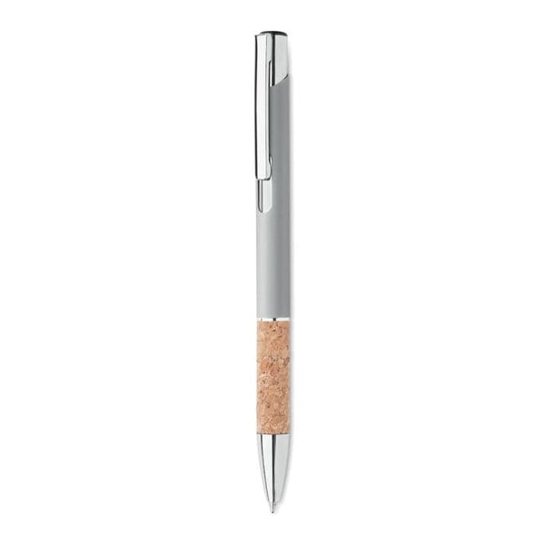Penna a pulsante in alluminio e sughero Argento Opaco - personalizzabile con logo