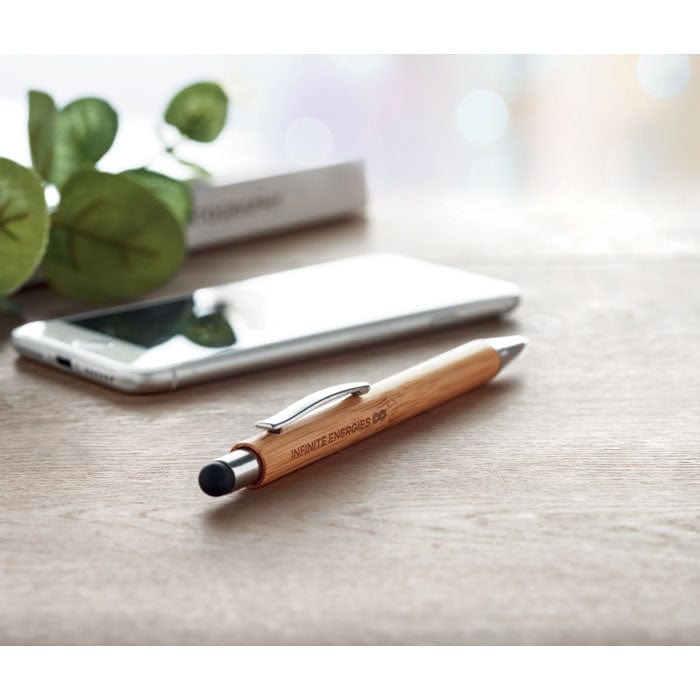 Penna a sfera a pulsante in bamboo beige - personalizzabile con logo