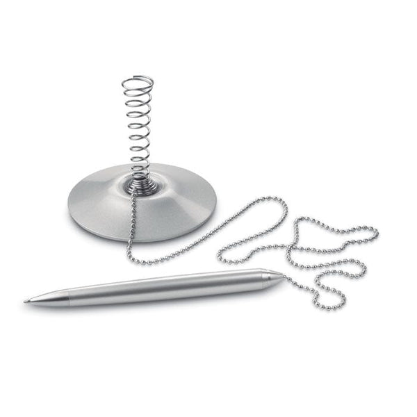 Penna a sfera con base e corda in metallo color argento - personalizzabile con logo