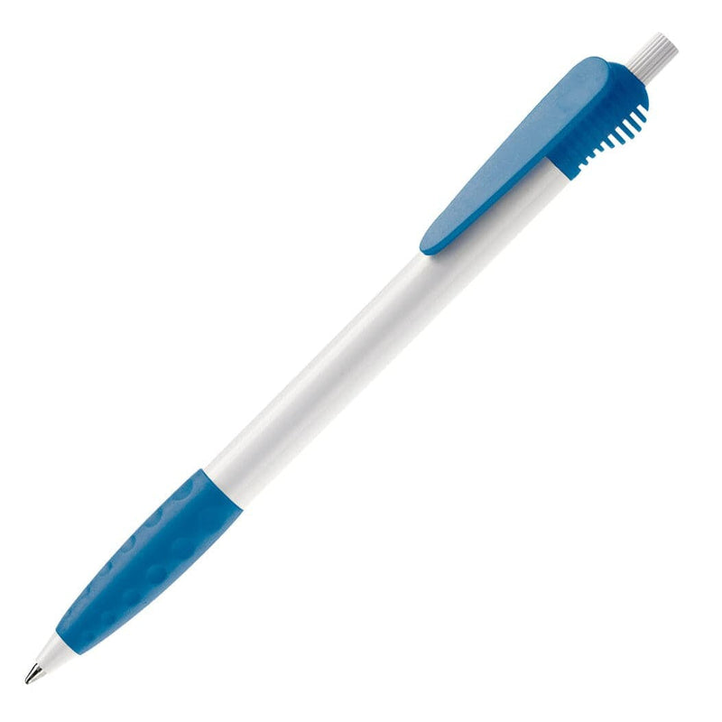 Penna a sfera Cosmo hardcolour impugnatura in gomma Bianco / blu - personalizzabile con logo