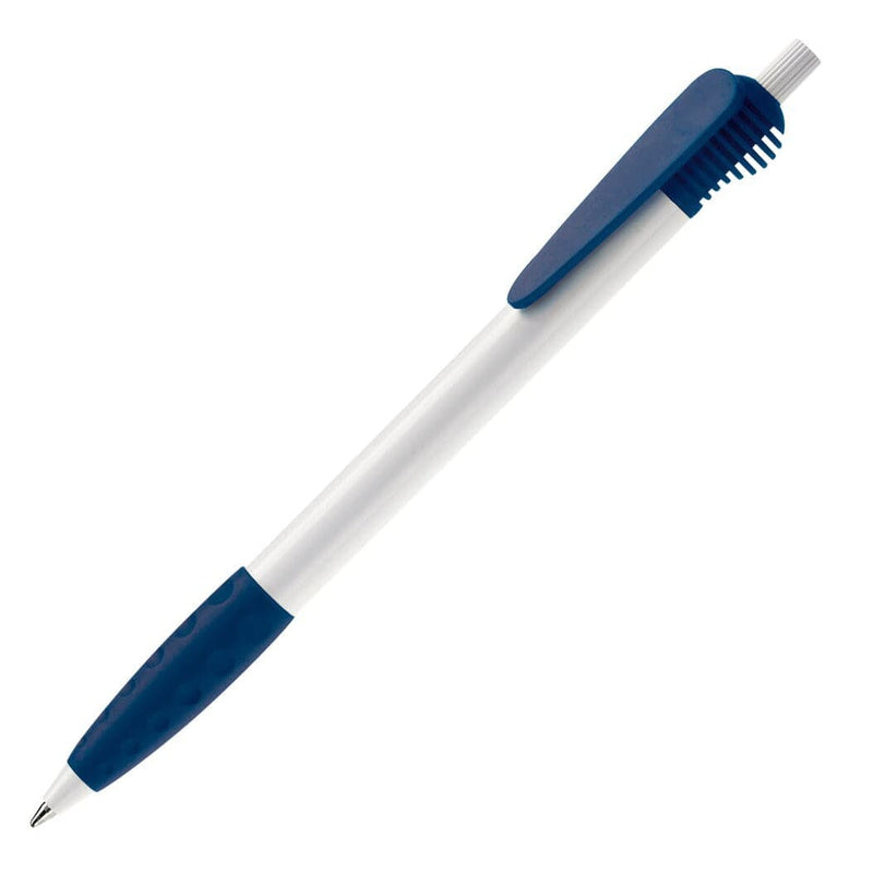 Penna a sfera Cosmo hardcolour impugnatura in gomma Bianco / blu navy - personalizzabile con logo