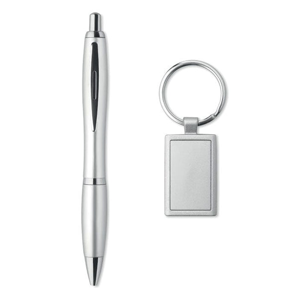 Penna a sfera e portachiavi color argento - personalizzabile con logo