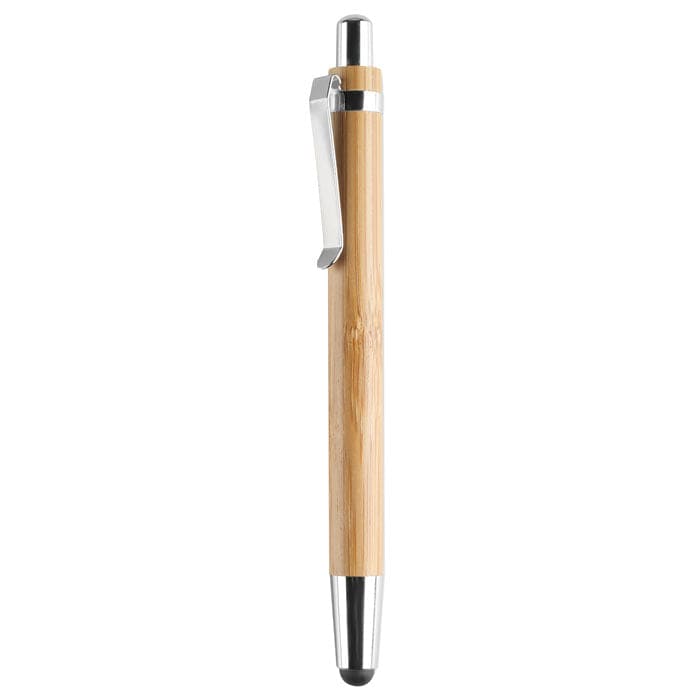 Penna a sfera in ABS e bamboo con punta touchscreen beige - personalizzabile con logo