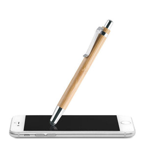 Penna a sfera in ABS e bamboo con punta touchscreen beige - personalizzabile con logo