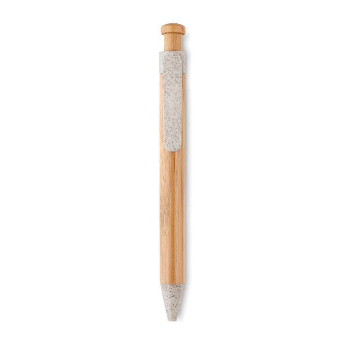Penna a sfera in bamboo dettagli in paglia di grano beige - personalizzabile con logo