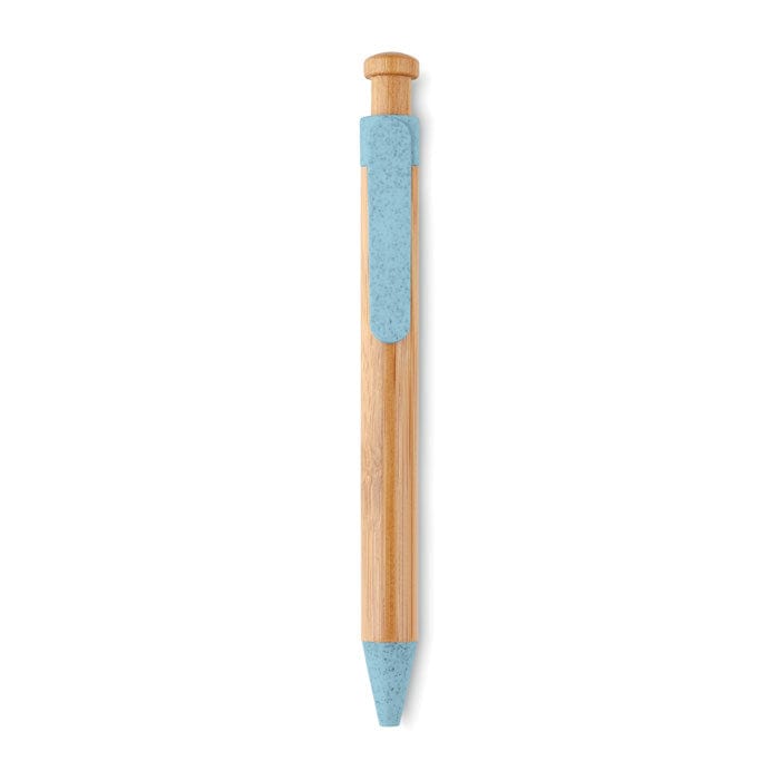 Penna a sfera in bamboo dettagli in paglia di grano blu - personalizzabile con logo