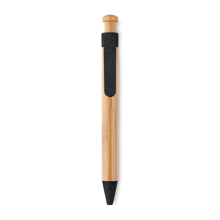 Penna a sfera in bamboo dettagli in paglia di grano Nero - personalizzabile con logo