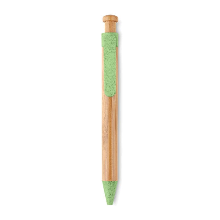 Penna a sfera in bamboo dettagli in paglia di grano verde - personalizzabile con logo