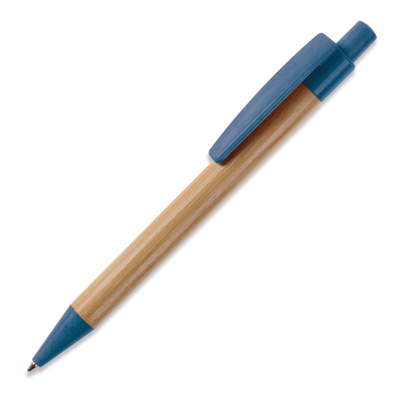Penna a sfera in bambù con paglia di grano Blu - personalizzabile con logo