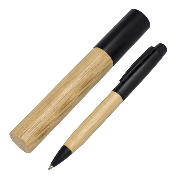 Penna a sfera in metallo con bambù in tubetto Nero - personalizzabile con logo
