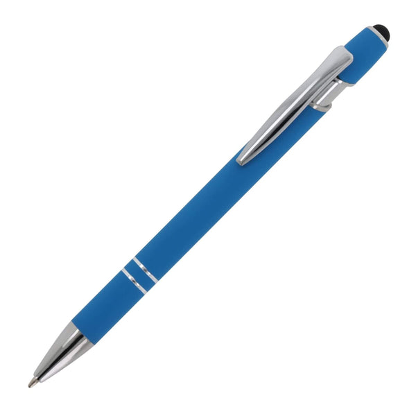 Penna a sfera Paris in metallo gommato azzurro - personalizzabile con logo