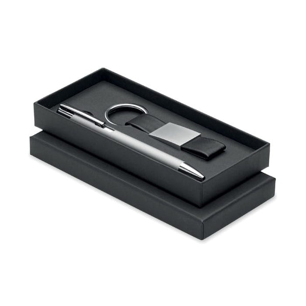 Penna e portachiavi in PU Color argento - personalizzabile con logo