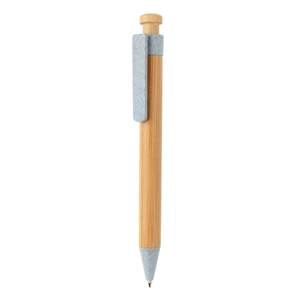 Penna in bambù con clip in fibra di grano blu - personalizzabile con logo