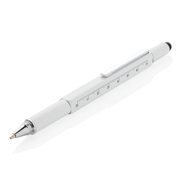 Penna multiattrezzo 5 in 1 in alluminio bianco - personalizzabile con logo