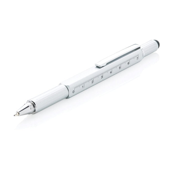 Penna multiattrezzo 5 in 1 in alluminio grigio - personalizzabile con logo