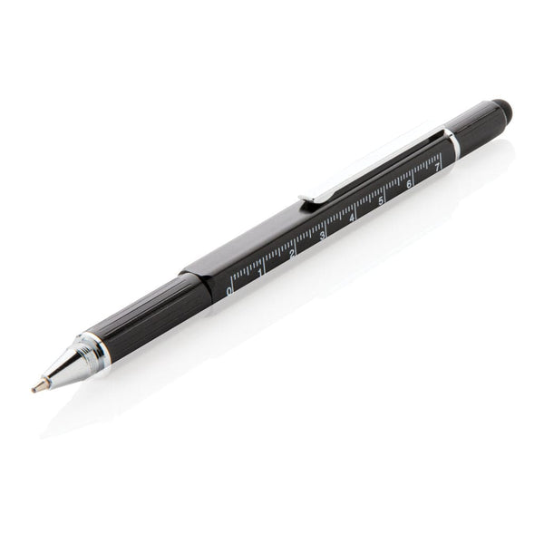 Penna multiattrezzo 5 in 1 in alluminio nero - personalizzabile con logo