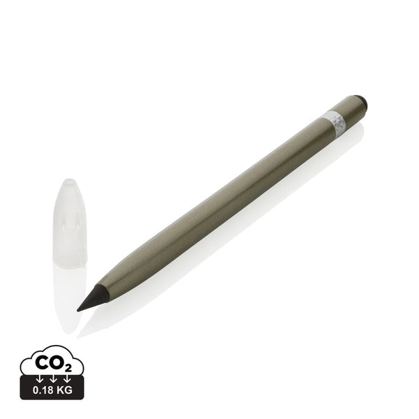 Penna senza inchiostro in alluminio con gomma verde - personalizzabile con logo