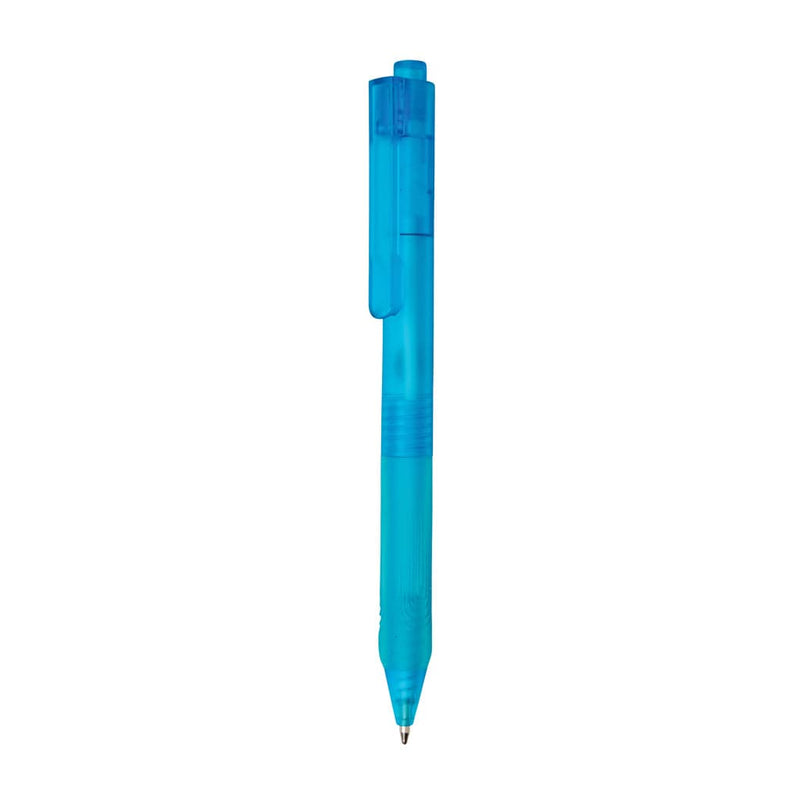 Penna X9 satinata con impugnatura in silicone blu - personalizzabile con logo