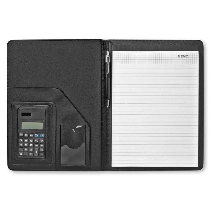 Porta blocnotes A4 con calcolatrice solare Nero - personalizzabile con logo