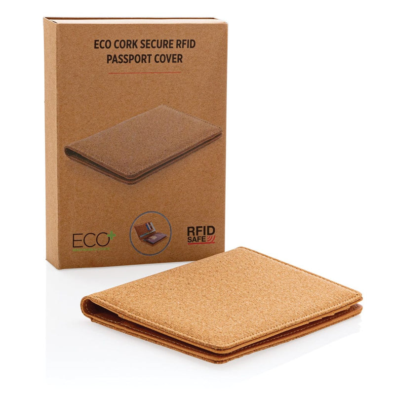 Porta passaporto RFID ECO in sughero marrone - personalizzabile con logo