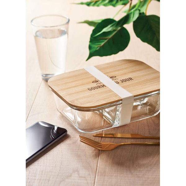 Porta pranzo in vetro e bamboo trasparente - personalizzabile con logo