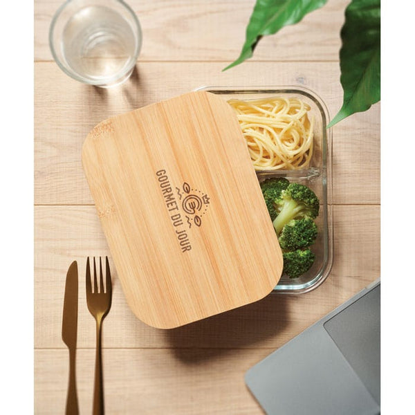 Porta pranzo in vetro e bamboo trasparente - personalizzabile con logo