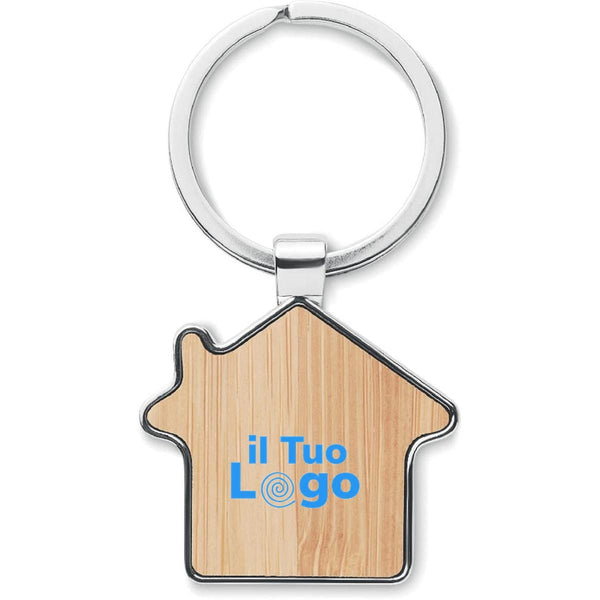 Portachiavi in bamboo e lega di zinco Casetta beige - personalizzabile con logo