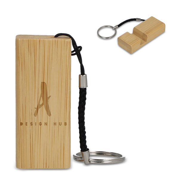 Portachiavi in bambù con supporto per telefono cellulare natural - personalizzabile con logo