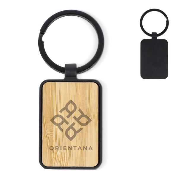 Portachiavi rettangolare  in bambù e metallo Nero - personalizzabile con logo