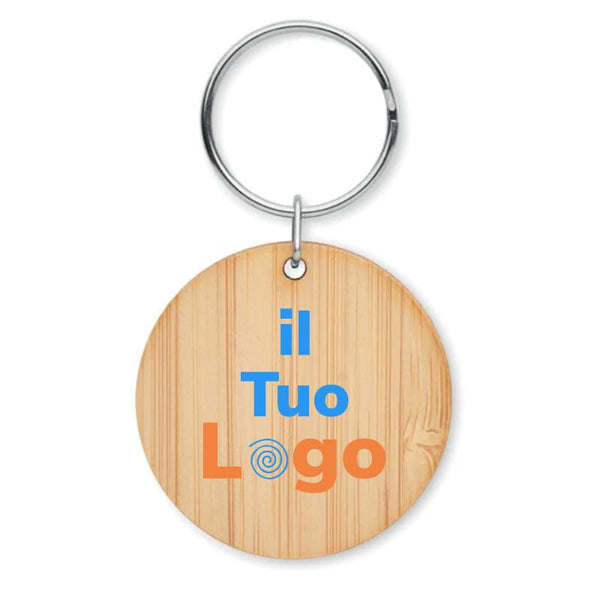 Portachiavi rotondo in bamboo beige - personalizzabile con logo