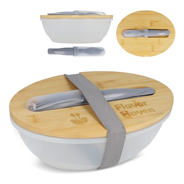 Portapranzo R-PP e bambù con posate - 1L Grigio - personalizzabile con logo