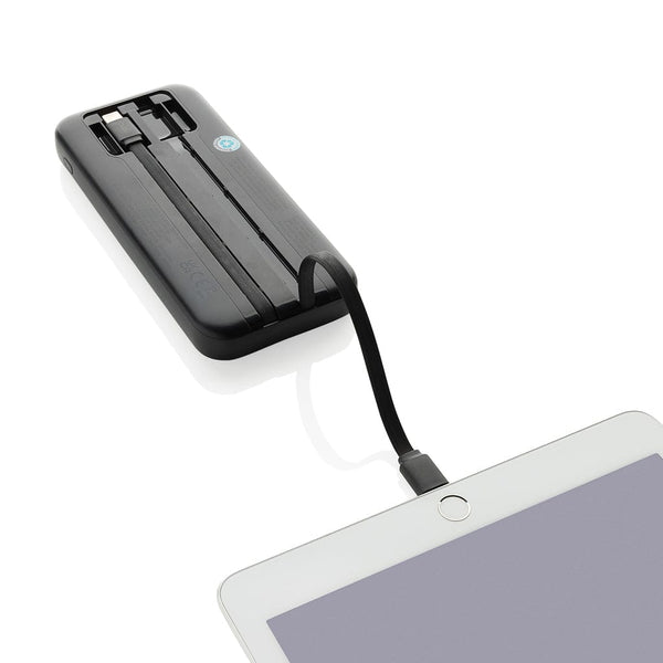 Powerbank 10.000 mAh Turbopack cavi integrati in rABS RCS nero - personalizzabile con logo