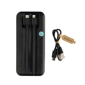 Powerbank 10.000 mAh Turbopack cavi integrati in rABS RCS nero - personalizzabile con logo