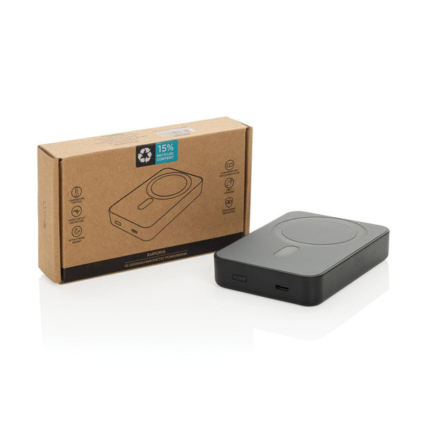 Powerbank magnetica 10.000mAh Amporia in rPlastica RCS nero - personalizzabile con logo