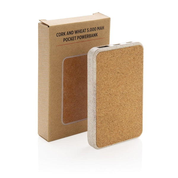 Powerbank tascabile 5.000 mAh in sughero e grano marrone - personalizzabile con logo