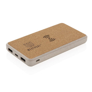 Powerbank wireless 8000 mAh in sughero e grano marrone - personalizzabile con logo