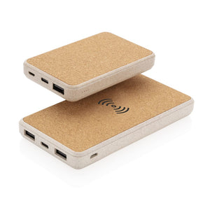 Powerbank wireless 8000 mAh in sughero e grano marrone - personalizzabile con logo