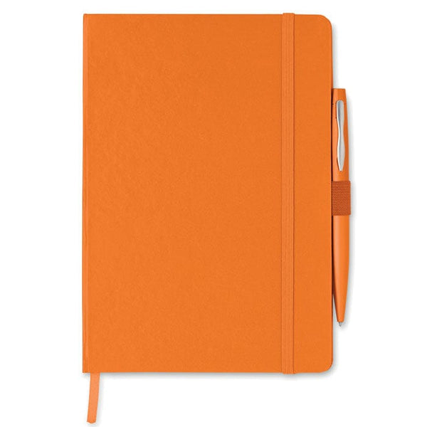 Quaderno A5 con penna arancione - personalizzabile con logo