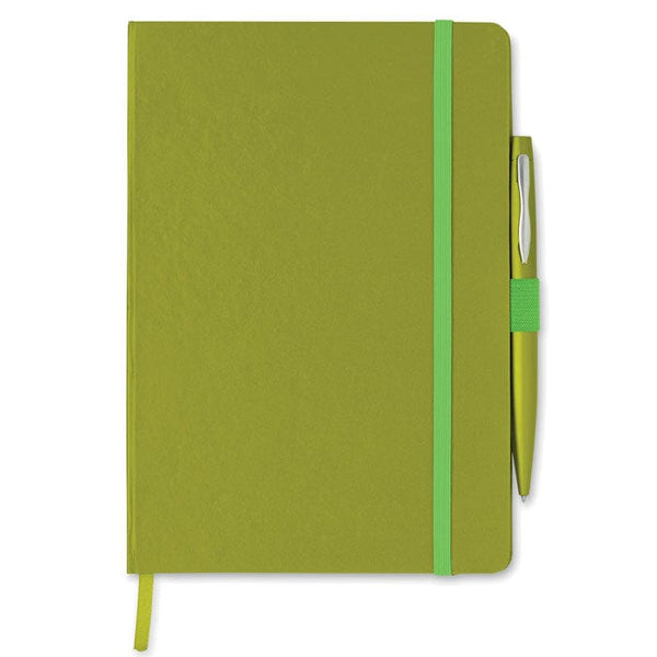 Quaderno A5 con penna verde calce - personalizzabile con logo