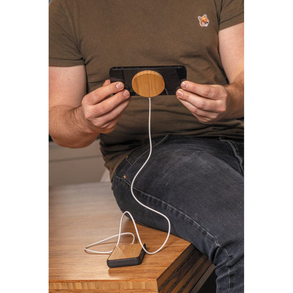 Ricaricatore wireless magnetico 10W in bambù marrone - personalizzabile con logo