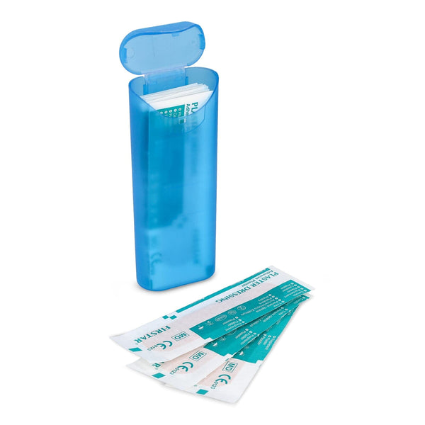 Scatola di cerotti con 10 cerotti in PE (70 × 18 mm) Blu - personalizzabile con logo